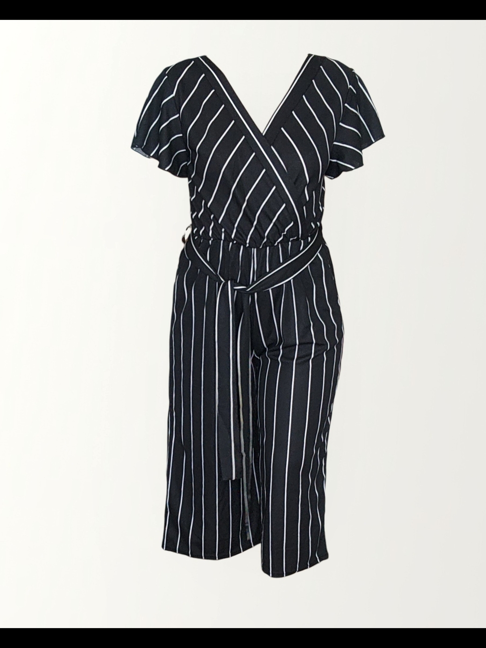 C-Mode Women's Striped Black & White Wrap Jumpsuit with Belt Size M